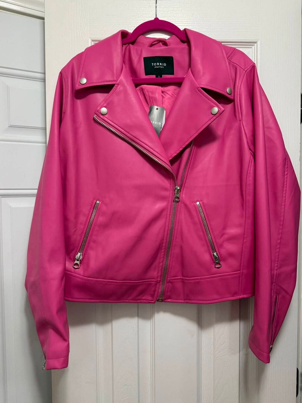 *Flaw* Torrid Gorgeous Faux Leather Pink‎ Zip Up Moto Biker Jacket Size 2 (2X)